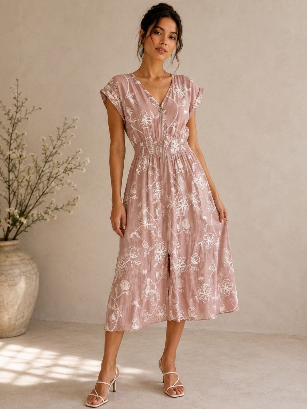 Kindred Embroidered Floral Midi Dress M Dusty Rose Zip Front Boho Cottagecore